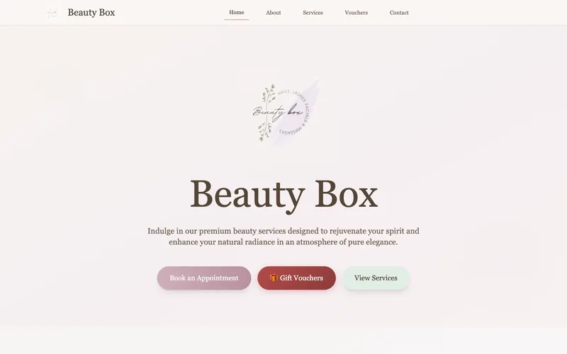 Home page of the Beauty Box Otley website, with a soft pink background, the salon logo and buttons to book an appointment, buy gift vouchers and view services