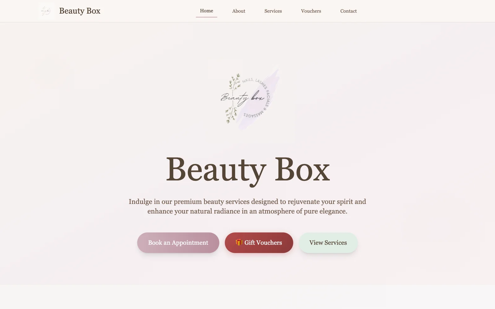Home page of the Beauty Box Otley website, with a soft pink background, the salon logo and buttons to book an appointment, buy gift vouchers and view services