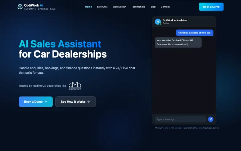Home page of the OptiWork AI website, with a dark blue design and two buttons in the main section