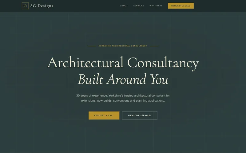 Home page of the SG Designs website, with a dark green background, gold accents and the headline "Architectural Consultancy Built Around You"