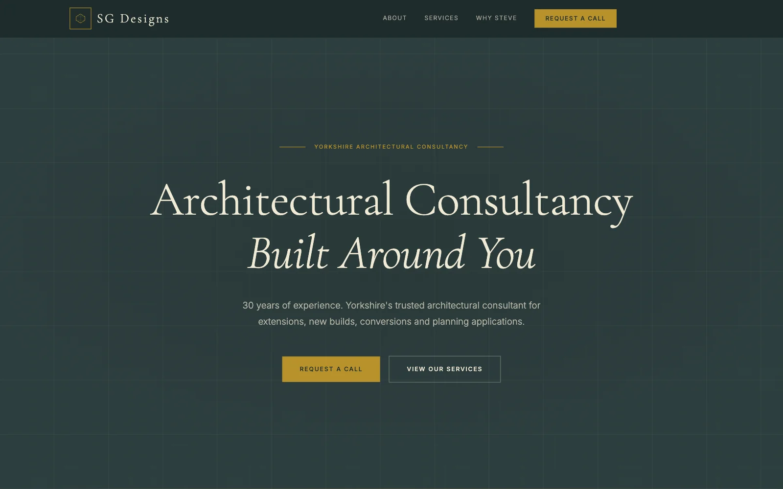 Home page of the SG Designs website, with a dark green background, gold accents and the headline "Architectural Consultancy Built Around You"